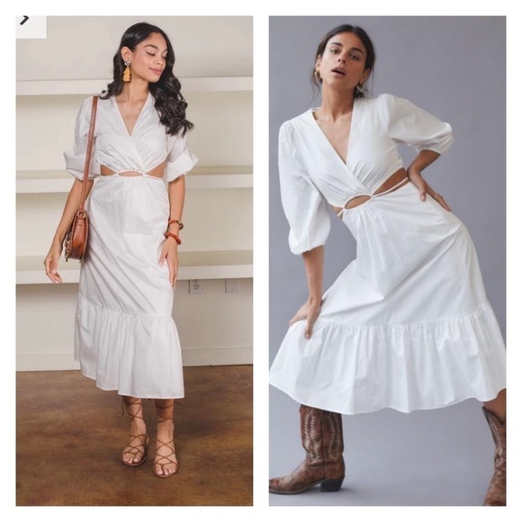 ASTR White Cutout Surplice Midi Dress Puff Sleeve Resort Vacation L NWT - Picture 9 of 14